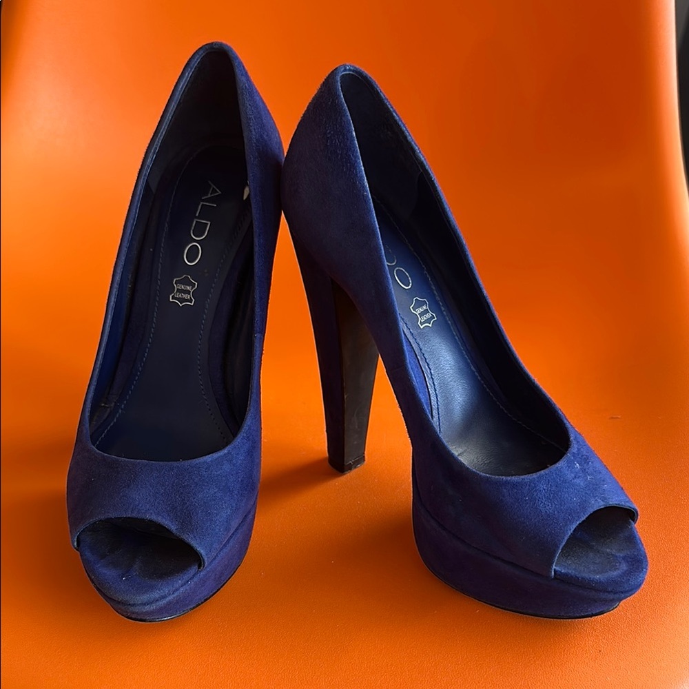 Aldo Blue Suede Genuine Leather Peep-Toe Platform Block High Heels